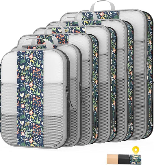 6 Set Compression Packing Cubes for Travel Essentials,Compressible Expandable Packing Cubes for Suitcase,OlarHike Luggage Organizer Bags for Travel(Dark Blue Floral)
