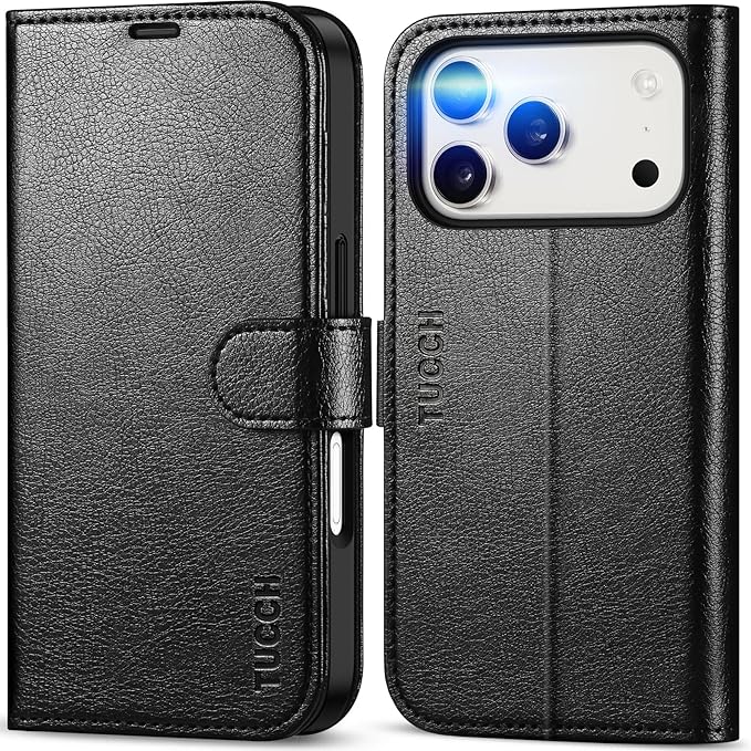 TUCCH Case Wallet for iPhone 17 Pro (6.3-Inch) 2025, RFID Blocking 4 Card Slots, Kickstand, Magnetic Closure, PU Leather, Shockproof TPU Shell, Protective Flip Folio Cover, Textured Black