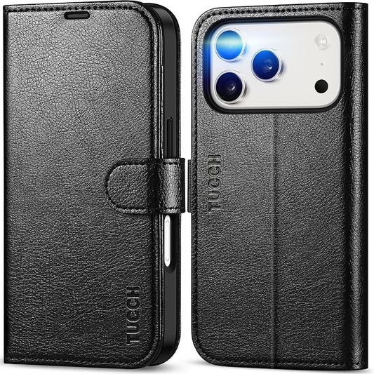 TUCCH Case Wallet for iPhone 17 Pro (6.3-Inch) 2025, RFID Blocking 4 Card Slots, Kickstand, Magnetic Closure, PU Leather, Shockproof TPU Shell, Protective Flip Folio Cover, Textured Black