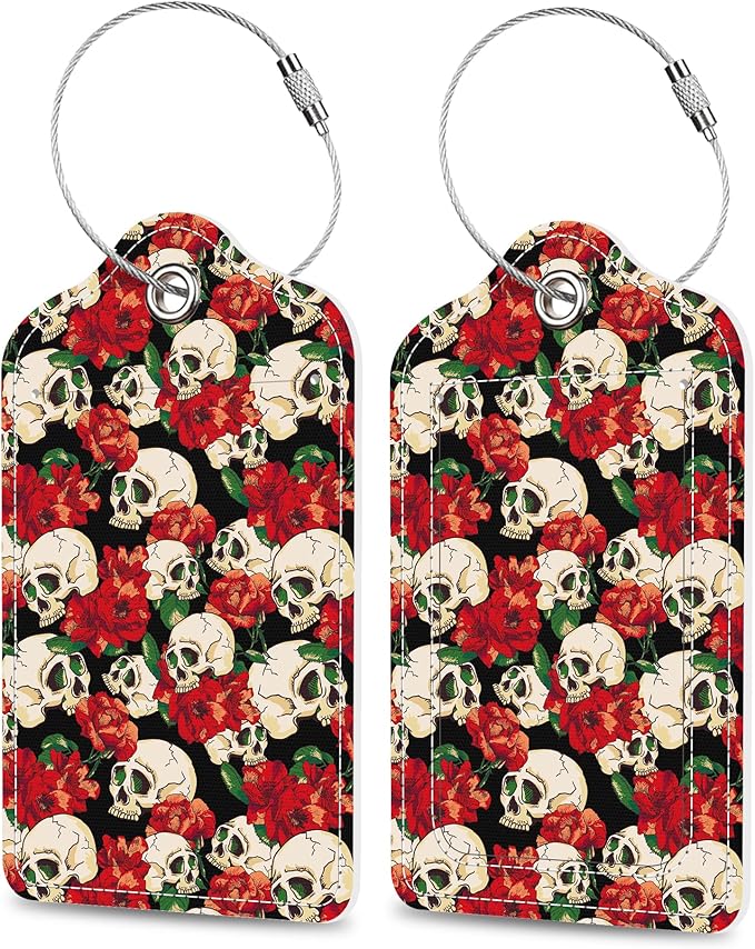 2 Pack Luggage Tags for Suitcase Day of The Dead Skull and Flowers Leather Stainless Steel Loop Label Tags for Women Men Travel Bag Suitcase with Privacy Cover Name ID Card