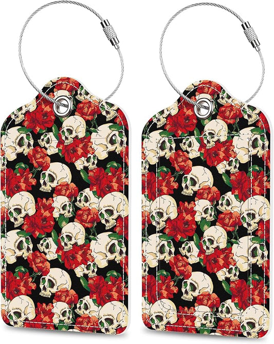2 Pack Luggage Tags for Suitcase Day of The Dead Skull and Flowers Leather Stainless Steel Loop Label Tags for Women Men Travel Bag Suitcase with Privacy Cover Name ID Card