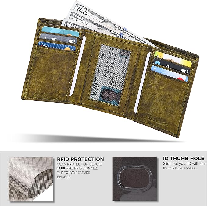 Tri fold Leather Wallet for Men with RFID | Slim Wallets for Men with 1 ID and 6 Credit card slots | Front Pocket Minimalist