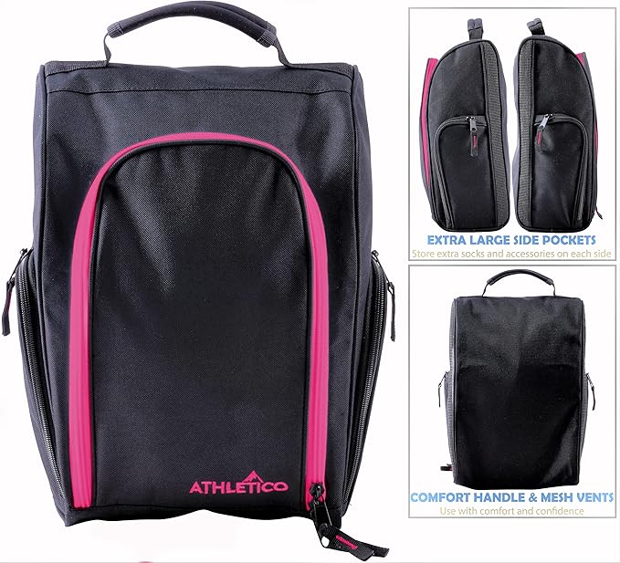 Athletico Golf Shoe Bag - Zippered Shoe Carrier Bags With Ventilation & Outside Pocket for Socks, Tees, etc. (Black/Pink)