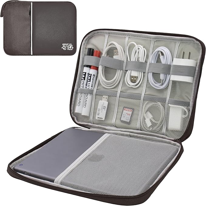 Electronics Organizer,Travel Cord Organizer Pouch, Portable Cable Organizer Bags, Waterproof Electronic Accessories Storage Case for Cables, Cords, Charger, Phone (Single Layer-Large-Brown)