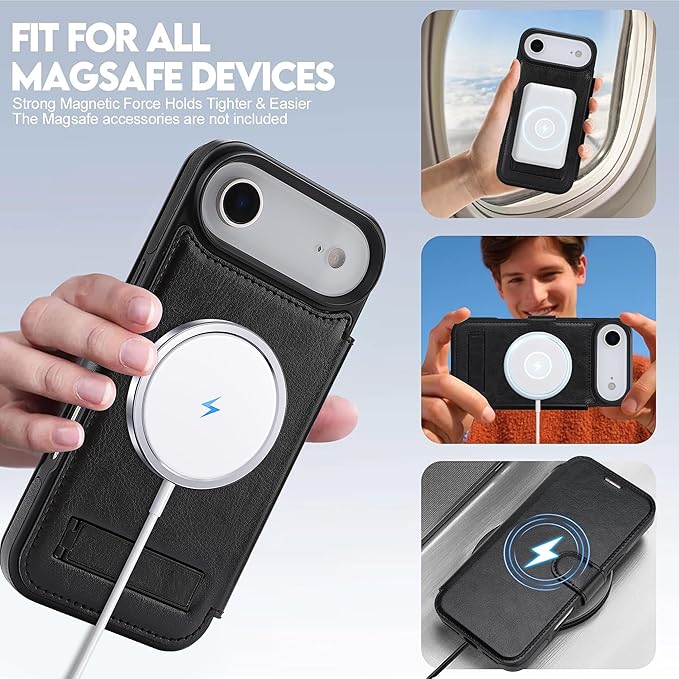 CIVICASE for iPhone Air Wallet Case with Stand,PU Leather Flip Credit Card Holder Slots (RFID Blocking),Compatible with Magsafe Magnetic Holder Phone Cover Women Men,Black