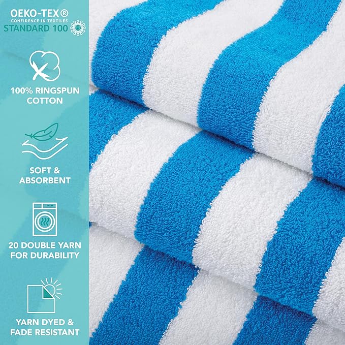 Arkwright California Cabana Stripe Beach Towel - Pack of 4, Large Soft Quick Dry Cotton Terry Towels Set for Pool, Swim, and Hot Tub, Oversized 30 x 70 in, Blue