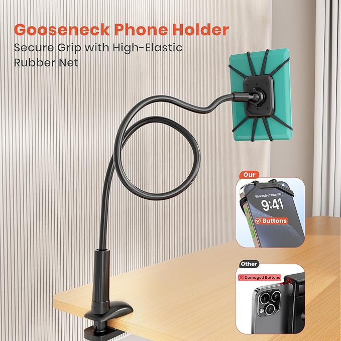 Gooseneck Kindle Holder for Reading in Bed, 360° Adjustable Cell Phone Stand for Desk, Flexible Lazy Arm Mount Clamp,Kindle Paperwhite Stand Accessories,Compatible with 4-8 Inches Device
