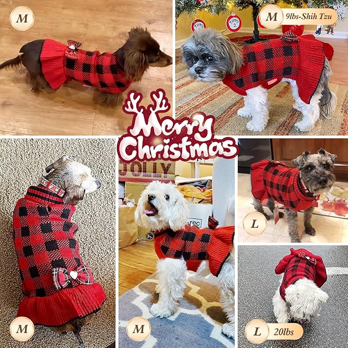 KYEESE Dog Christmas Sweater Dress with Bowtie Checkered, Turtleneck Dog Sweater for Small Dogs Girl with Leash Hole, Holiday Warm Pet Sweaters Dress, Red, Large