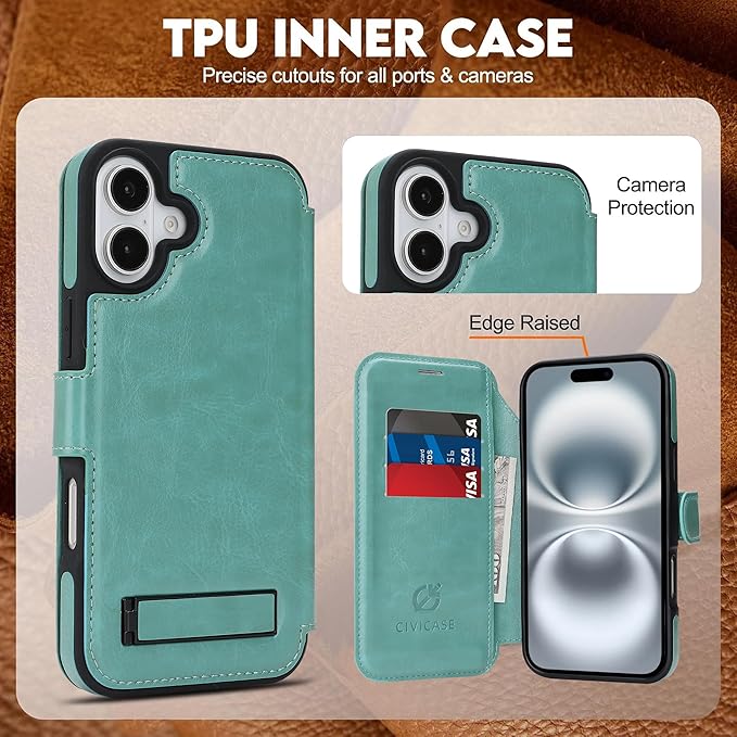 CIVICASE for iPhone 17 Wallet Case with Stand,PU Leather Flip Credit Card Holder Slots (RFID Blocking),Compatible with Magsafe Magnetic Holder Phone Cover Women Men,Green