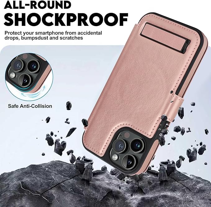 CIVICASE for iPhone 13 Pro Max Wallet Case with Stand,PU Leather Flip Credit Card Holder Slots (RFID Blocking),Compatible with Magsafe Magnetic Holder Phone Cover Women Men,Rose Gold