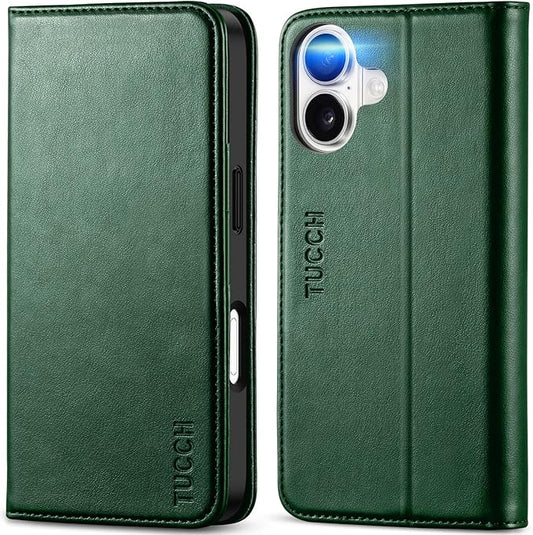 TUCCH Wallet Case for iPhone 17 (6.3") 2025, 3 Credit Card Holders, RFID Blocking, Stand, PU Leather, Shockproof TPU Interior Shell, Protective Flip Folio Cover, Midnight Green