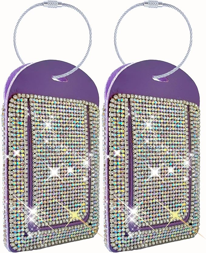 Purple Leather Luggage Tags for Women's Suitcases Cute Bling Diamond Travel Tags for Cruise and Travel Essentials-2 Packs