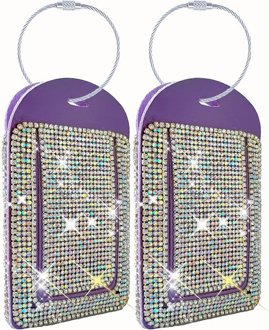 Purple Leather Luggage Tags for Women's Suitcases Cute Bling Diamond Travel Tags for Cruise and Travel Essentials-2 Packs