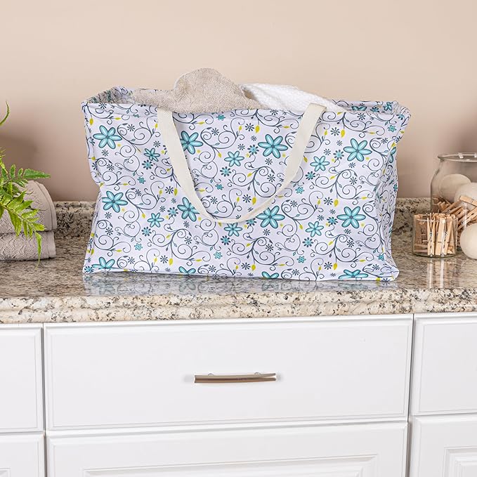 Household Essentials White and Blue Floral Krush Container All-Purpose Utility Tote