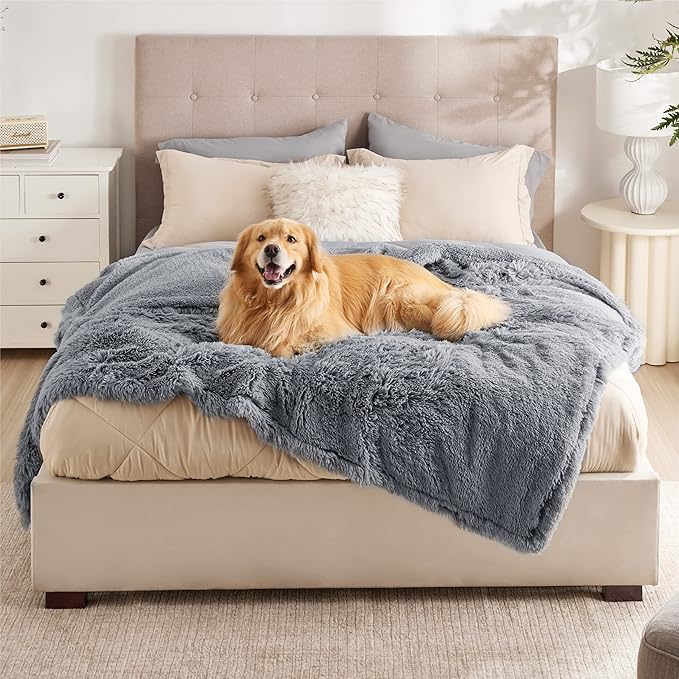 Bedsure Waterproof Dog Blankets for Large Dogs - Cat Blanket for Bed Couch Protector Washable Long Faux Fur, Calming Soft Reversible Throw Furniture Protection for Puppy Pet, 60"x80", Grey