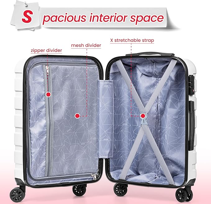 AnyZip Luggage Sets 3 Piece Hardshell Suitcase Set PC ABS Lightweight Travel Suitcases with 4 Double Spinner Wheels TSA Lock 20 24 28 Inch White