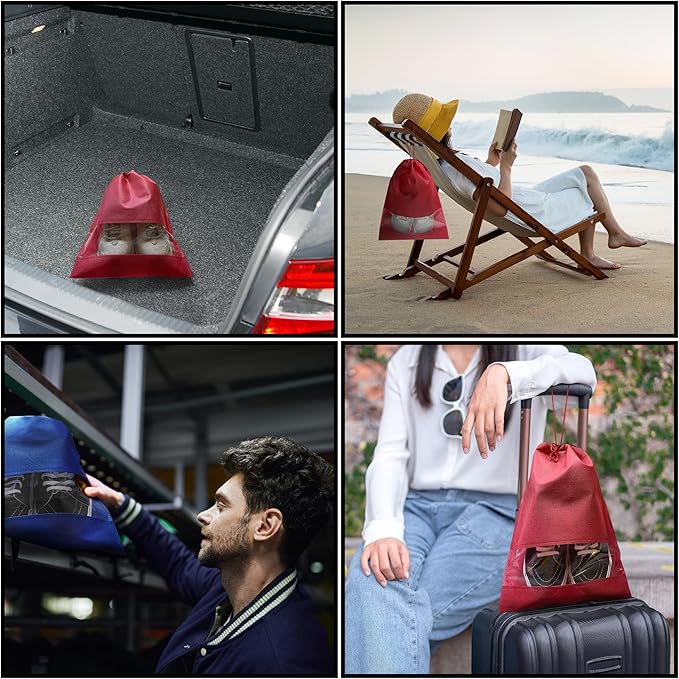 Travel Shoe Bag for Packing in Suitcase, Organizing & Storage (12 Pack) - Reusable Dustproof & Water Resistant Pouch Protectors for Accessories, Laundry & Toys with Clear Window & Drawstrings. (Black)