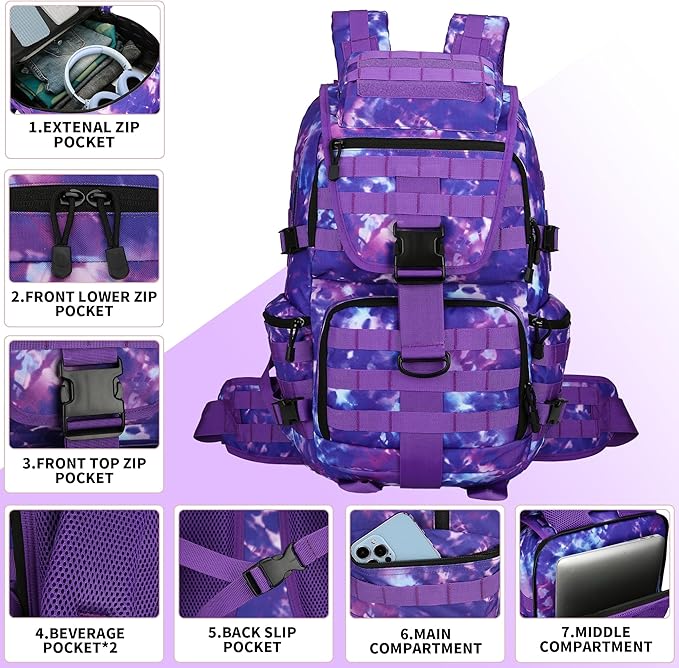 HongXingHai 50L Military Tactical Backpack 3 Day Assault Pack Molle Daypack Hiking Backpack for Men and Women (Purple Tie-Dye)