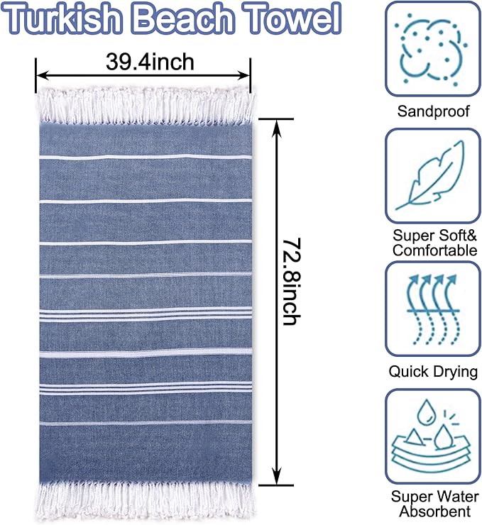 Beach Towel 2 Pack - Sand Free, Oversized 39 x 72, Turkish Quick Dry, Lightweight Pool Towels for Adults, Travel, Cool Essentials, Super Absorbent