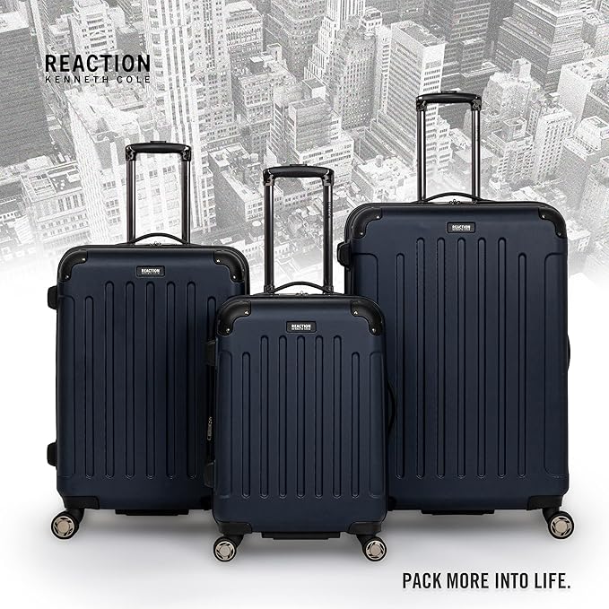 Kenneth Cole REACTION Renegade Luggage Expandable 8-Wheel Spinner Lightweight Hardside Suitcase, Navy Blue, 3-Piece Set (20"/24"/28")