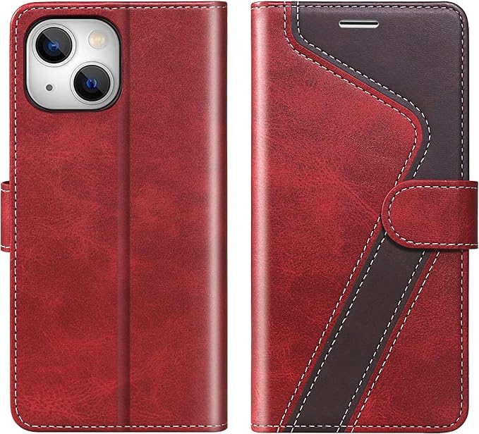 CIVICASE for iPhone 14 Wallet Case,Leather Flip Case [RFID Blocking] Credit Card Holder Folio Magnetic Stand TPU Shockproof Cover Color Matching for iPhone 14 (6.1") Red Brown
