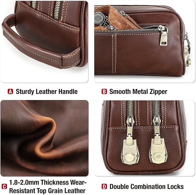 Top Grain Genuine Leather Travel Organizer Clutch Bag, Handmade Retro Vintage Design, 3 Zipper Pockets & Combination Locks, Portable Storage Bag for Phone/Cable/Charger/Cash/Toiletry/Makeup, Red Brown