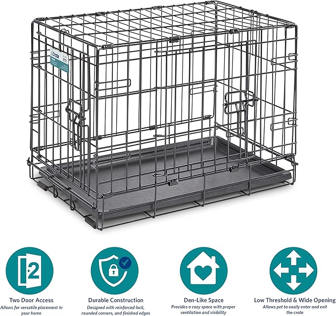 MidWest Homes for Pets 22-Inch Two-Door iCrate Folding Dog Crate with Divider Panel, Leak-Proof Tray & Secure Latches – Metal Wire Kennel for XS Breeds – Portable, Durable & Easy to Assemble
