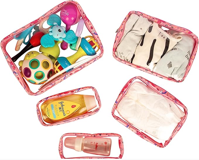 TSA Approved 5-Piece Diaper Bag Organizer Pouch Set Clear Waterproof TPU Kids Toiletry Storage Set Travel Packing Clutch Cube Bags for Baby Nursing