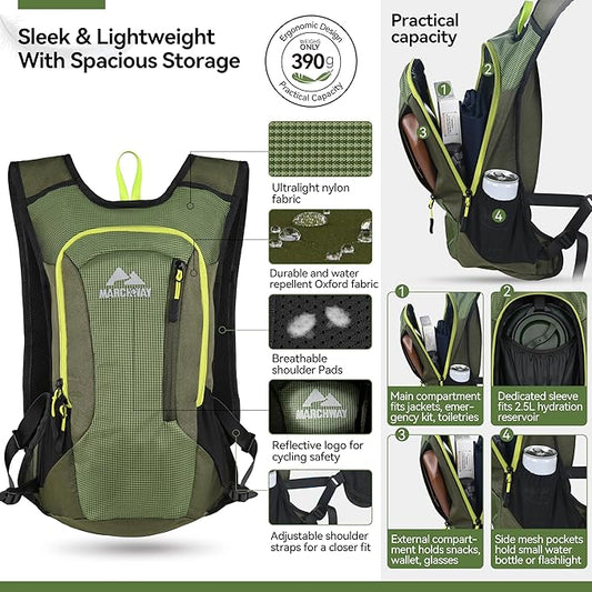 MARCHWAY Lightweight Hydration Backpack with Vest Style Straps & 2.5L TPU Water Bladder, Versatile Sleek Multi-Pocket Pack for Hiking, Cycling, Running, Backpacking, Travel