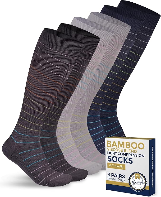 Pembrook Bamboo Viscose Light Compression Socks - 3 Pairs | 8-15 mmhg Compression Socks | Knee High Comfort Support Socks