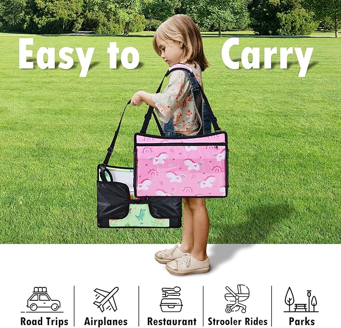 WENRENER 2PCS Kids Travel Tray, Car Seat Tray for kids Travel, Toddler Road Trip Essentials With Drawing Kit, Toddler Lap Desk Organizer for Car, Carseat Table for Airplane