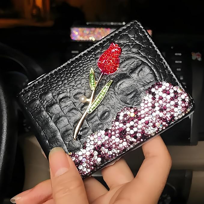 Bling Sparkle Rhinestone Flower Leather Credit Card Holder,10 Slots BlankDriver's License Holder for Women and Men, Multi-Functional Card Organizer for Documents, ID Cards, License (Black)