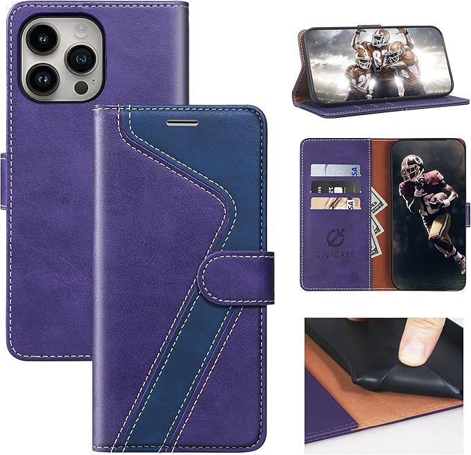 CIVICASE for iPhone 13 Pro Max Wallet Case,Leather Flip Case [RFID Blocking] Credit Card Holder Folio Magnetic Stand TPU Shockproof Cover Color Matching for iPhone 13 Pro Max (6.7") Purple Blue