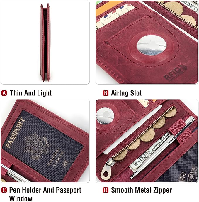 Top Grain Leather Single Travel Passport Wallet Holder for Man & Woman, Folio Design for Passport & Multi Cards, RFID Blocking Large Capacity for Passport/Cards/Checks/Bills/AirTag, Burgundy