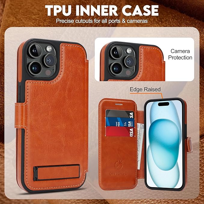 CIVICASE for iPhone 13 Pro Wallet Case with Stand,PU Leather Flip Credit Card Holder Slots (RFID Blocking),Compatible with Magsafe Magnetic Holder Phone Cover Women Men,Brown