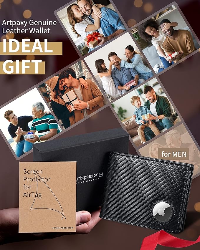 Mens Wallet With AirTag Holder, Bifold Leather RFID Blocking 1-2 ID Windows 12-13 Card Holders, Gift Box and Screen Protector Included, AirTag Not Included