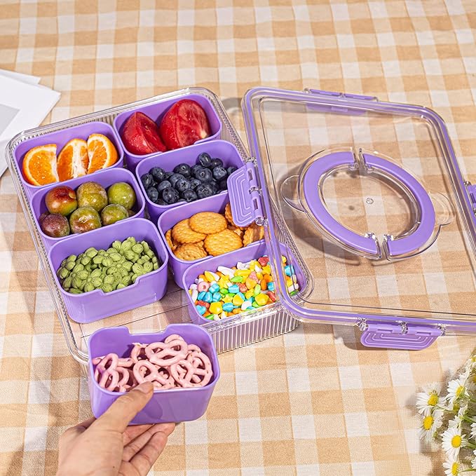 Patent Design Ribbed Snackle Box Container Divided Serving Tray with Lid and Handle -Charcuterie Container Portable Storage Organizer for Candy, Fruit, Beach, Picnics（1 pcs, Purple