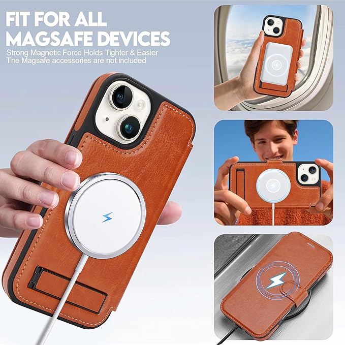 CIVICASE for iPhone 15 Wallet Case with Stand,PU Leather Flip Credit Card Holder Slots (RFID Blocking),Compatible with Magsafe Magnetic Holder Phone Cover Women Men, Brown
