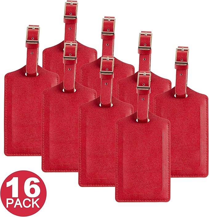 Travelambo 16 Pack Luggage Tags Faux Leather for Suitcases Travel Bag Labels with Protection Cover ID (Red Deep)