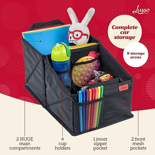Lusso Gear 9-Compartment Car Seat Organizer with Cup Holders - For Front, Back, Passenger Seats, Truck and Van (Black w Red Stitch)