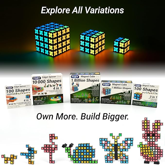 TOSY Magnet Cube 4x4 - 70 Blocks, 560 Magnets, Multipurpose: Creative Building Blocks, Transformable Fidget Spinner, Puzzle/Infinity Cube, Christmas Stocking Stuffers Gift for Kids, Glowing STEM Toy