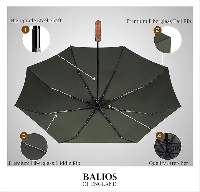 Balios Prestige Travel Folding Umbrella, Handmade Wood Handle, Auto Open & Close