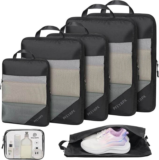 Lightweight Compression Packing Cubes for Suitcases, Compressible Expandable Travel Packing Organizer with Clear Toiletries and Backpack Bag, Travel Essentials for Carry on Luggage 7 Set