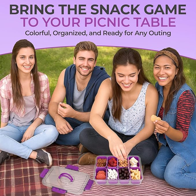 Snackle Box Container with Lid- Travel Charcuterie Box with Handle - Organizer for Candy, Fruit, Nuts, Veggies, Snacks, Beach Essentials, Portable Lunch Box (Purple, Large)