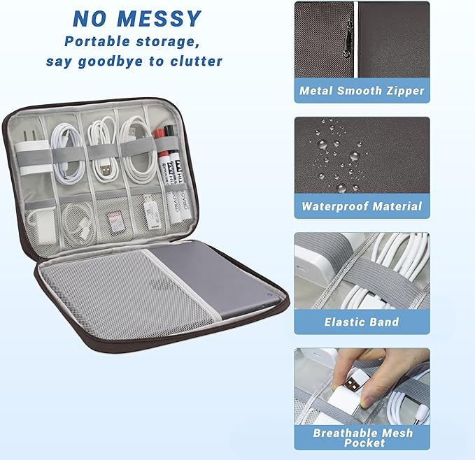 Electronics Organizer,Travel Cord Organizer Pouch, Portable Cable Organizer Bags, Waterproof Electronic Accessories Storage Case for Cables, Cords, Charger, Phone (Single Layer-Large-Brown)