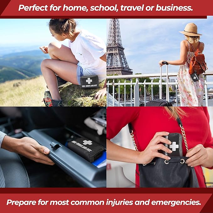 M2 BASICS Premium 150-Piece Mini Emergency First Aid Kit for Car, Backpack, Travel & Outdoors – Compact Medical Supplies for Camping, Hiking & Home