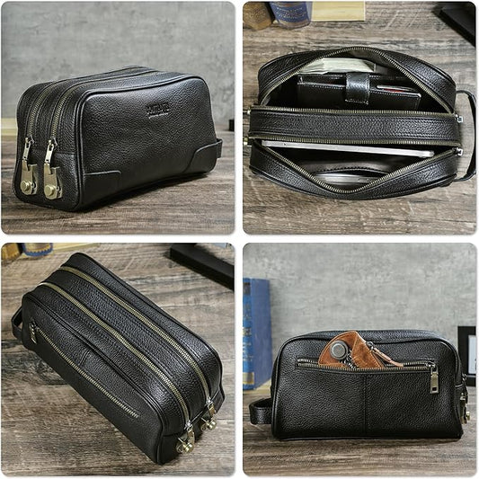 Top Grain Genuine Leather Travel Organizer Clutch Bag, Handmade Retro Vintage Design, 3 Zipper Pockets & Combination Locks, Portable Storage Bag for Phone/Cable/Charger/Notebook/Cash/Cosmetic, Black