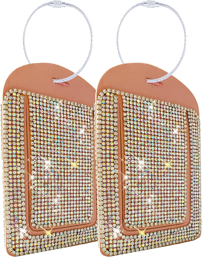 Pink Luggage Tags for Women's Suitcases Cute Bling Diamond Laether Travel Tags for Cruise and Travel Essentials-2 Packs