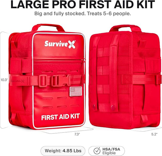 Large Pro First Aid Kit for Car, Travel & Home - Emergency Kit for Hiking, Camping, Backpacking and Outdoors - Includes Zip Stitch Wound Closure Strips