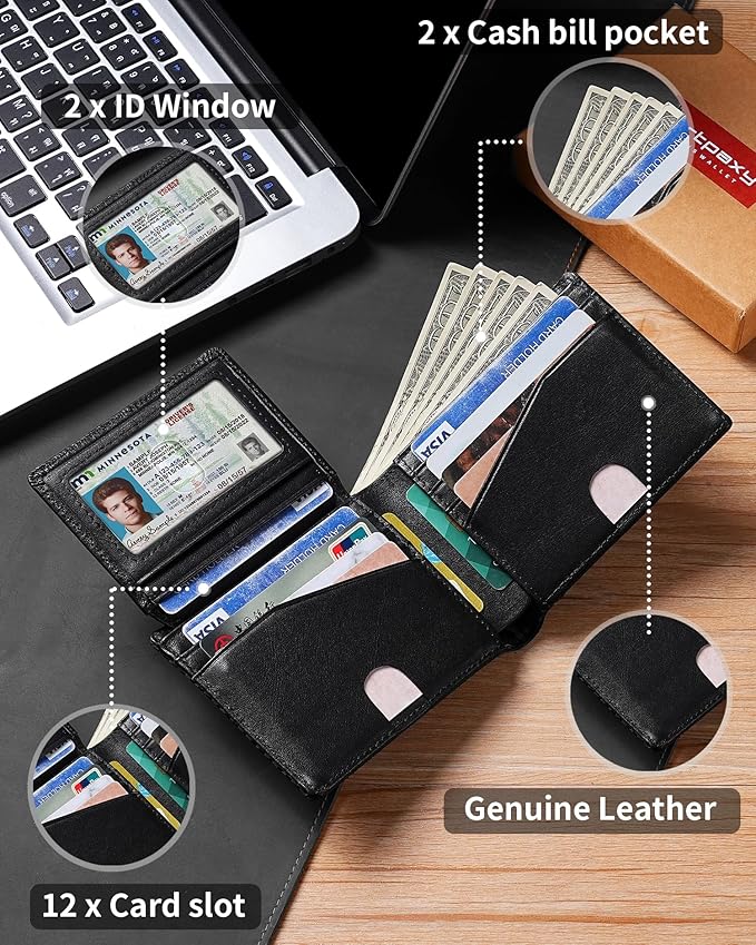Artpaxy Mens Wallet Bifold Genuine Leather RFID Blocking Wallet for Men with 2 ID Windows 12 Card Holders 2 cash pockets 1 Gift Box